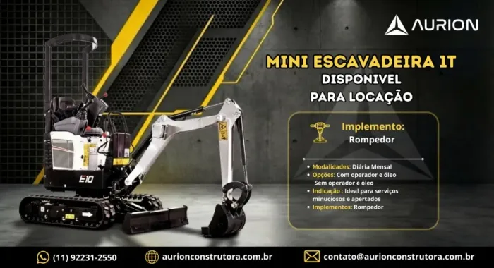 Aluguel Escavadeira 1 tonelada - operador qualificado + óleo. Pronta para obra