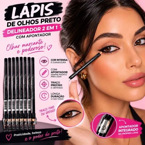 Lápis Delineador de Olhos Preto 2 em 1 com Apontador