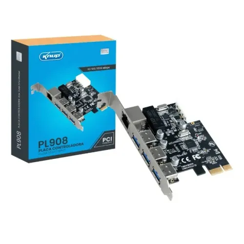 Placa PCI Express Gigabit Ethernet + 3 Portas USB 3.0 KP-PL908 Rede 1000Mbps pode retirar 