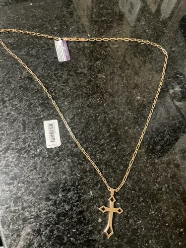 CORRENTE ROMMANEL ELO CADEADO 70cm BANHADO OURO 18k  + PINGENTE CRUZ 