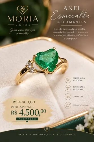 Anel ouro 18k com diamantes e esmeralda