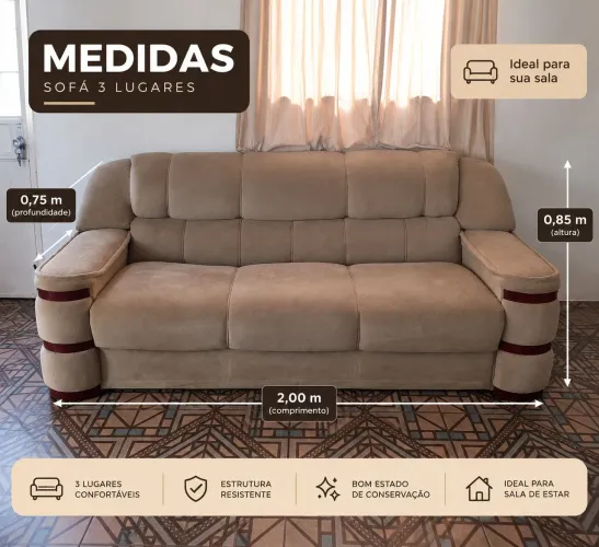 Sofá 3 Lugares Grande e Confortável 2 Metros - R$ 500