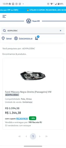 Vendo farol de Polo ou Virtus Original VW Código 6EA941006C Novo, na caixa. R$ 1.000,00 Te