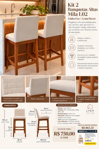 Kit 2 Banquetas Altas Mila - Lyam Decor | Linho Cru