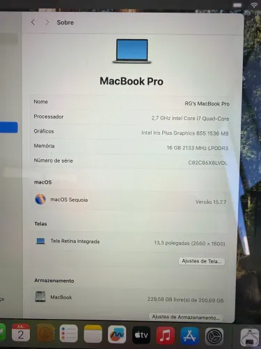 MacBook Pro modelo A-1989 (2019) I-7