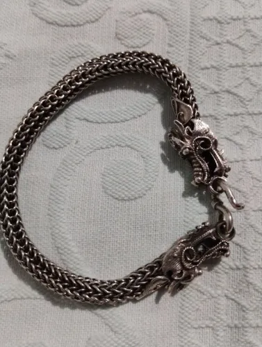 Pulseira Trança Dupla grossa 8.5mm Fecho Cabeça Dragão Prata Bali 925 37 gramas