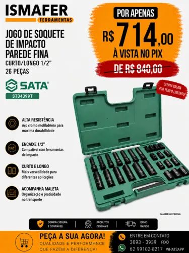 JOGO DE SOQUETE DE IMPACTO PAREDE FINA CURTO/LONGO 1/2" 26 PÇS SATA - ST34399T