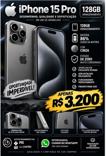 Phone 15 Pro 128GB Cinza - Bateria 86% - Original