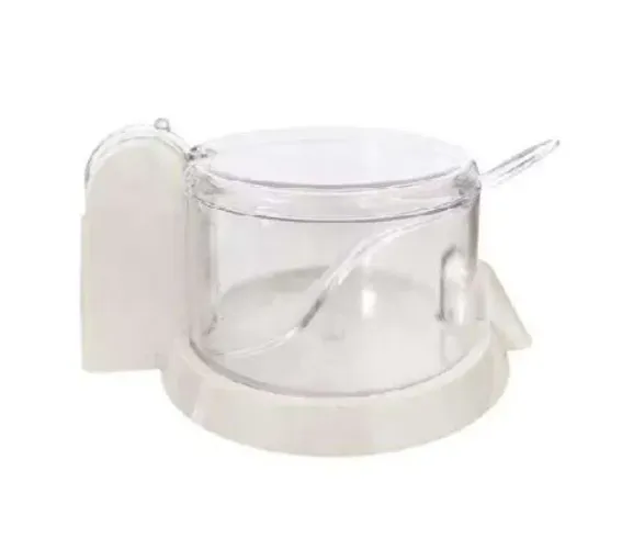 Açucareiro/Queijeira de base branca e corpo em acrílico com tampa e colher transparentes