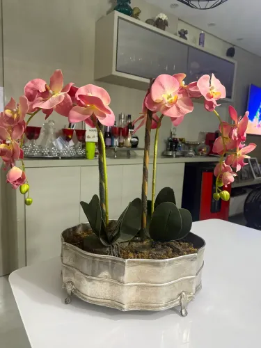 Vaso em prata com arranjo de orquidea 