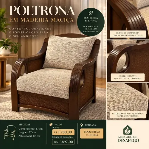 POLTRONA EM MADEIRA MACIÇA
