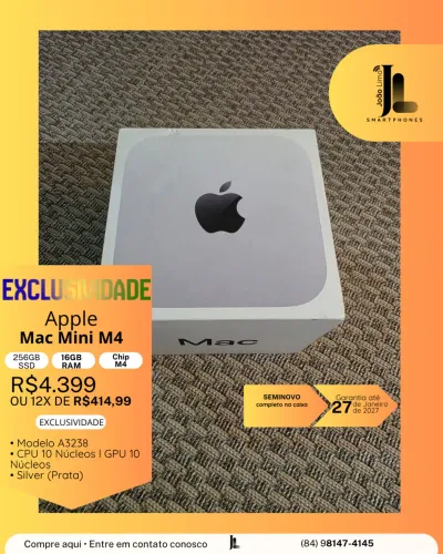 MAC MINI CHIP M4, 256GB, 16GB RAM, SEMINOVO NA GARANTIA, EXCLUSIVO!