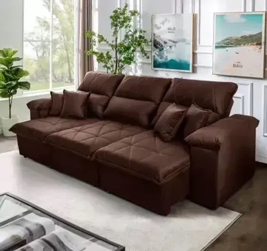 Sofá Retrátil/Reclinável Trento 2,30m Suede Velut Marrom c/ Molas no Assento