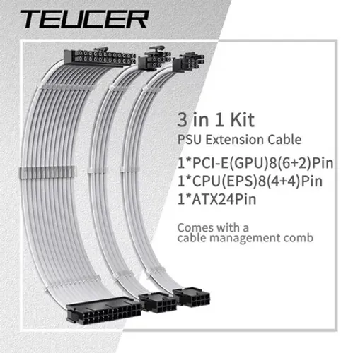 Kit Cabo de extensão Teucer TC-30 300mm Atx24pin PCI-E 8Pin cpu 8pin Branco/Preto (NOVO)