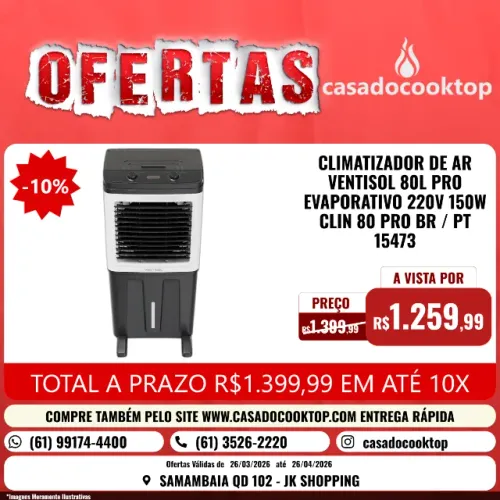 CLIMATIZADOR DE AR VENTISOL 80L PRO EVAPORATIVO 220V 150W CLIN80 PRO BR/PT 15473