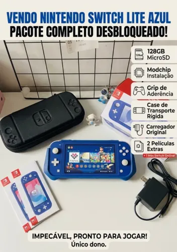 Nintendo Switch Lite Azul Desbloqueado 128GB + Case + Películas + Caixa e Carregador