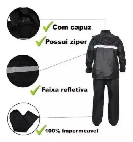 capa de chuva motoqueiro preta capuz impermeável refletivo no=620 so-133