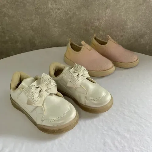 Tênis Pampili Laço Branco Com Brilho Velcro Tamanho 23 + Grátis Slip On Rosa