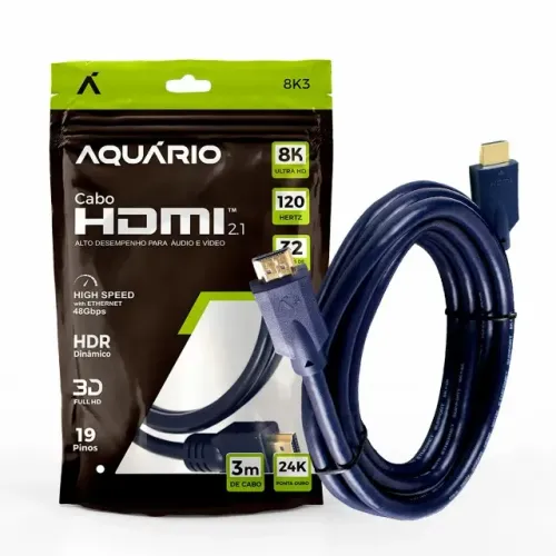 Cabo HDMI 2.1 Original Aquário - 3 metros Blindado - ( 4K 120Hz / 8K 60Hz / HD 240Hz )