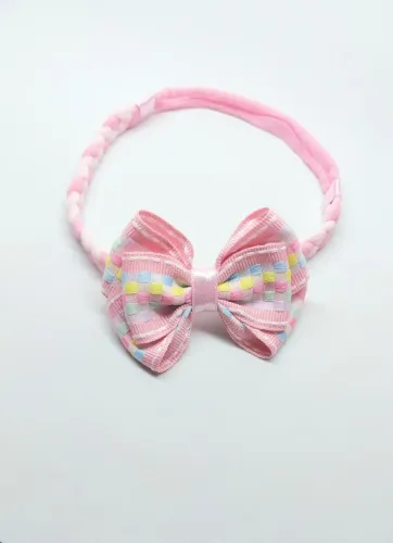 Faixinha para bebê laço rosa com estampa xadrez