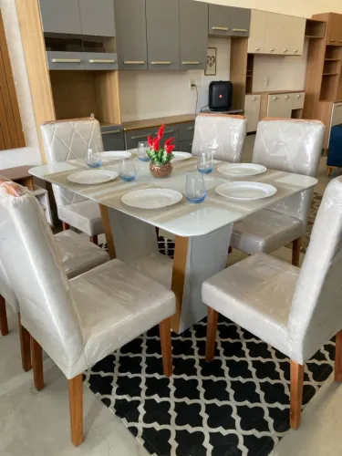 Mesa 6 cadeiras luxo com tampo de vidro lackeado em mega Promoção!
