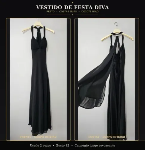 Vestido de festa preto, de princesa, esvoaçante com decote bojo trabalhado em plissado