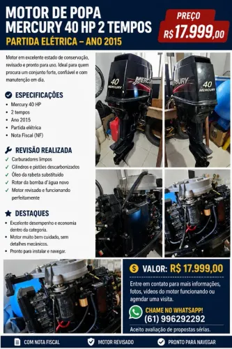 Motor de popa Mercury 40hp 2t partida elétricas