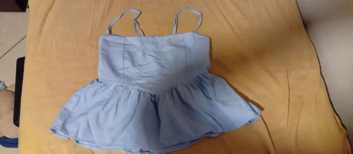 Blusa Cropped Peplum Azul Claro C/ Lastex - Tam M