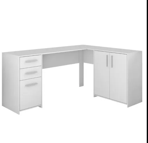 Escrivaninha/mesa escritório em L com 3 gavetas e duas portas