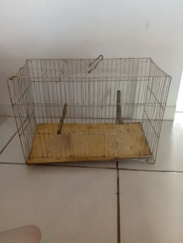 Gaiola para aves pequenas com comedouro e bebedouro. Usada mas em bom estado