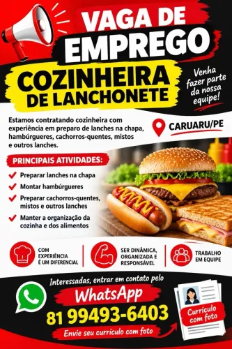 Vaga para conzinheira de lanchonete