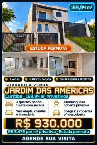 Sobrado 3 Quartos com Suíte, Churrasqueira e 3 Vagas no Jardim das Américas