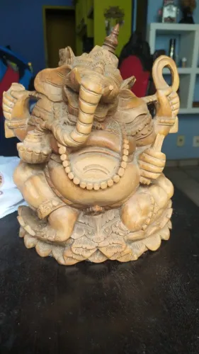 escultura hindu Ganesha vintage talhada na madeira 30x26