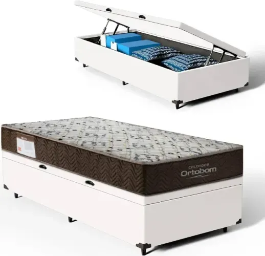 Colchão Solteiro Premium e Cama Base Baú de Solteiro Branco