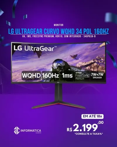 MONITOR LG ULTRAGEAR CURVO WQHD 34 POL 160HZ