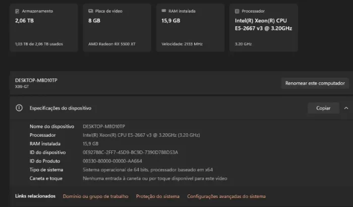 PC xeon e5 2667 com rx 5500 xt sem memoria ram e sem hds