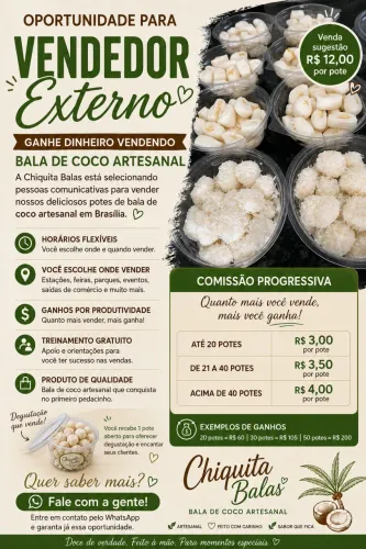 Oportunidade para Vendedor Externo - Ganhe Dinheiro Vendendo Bala de Coco Artesanal