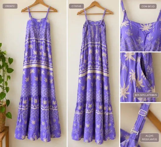 Vestido Longo Lilás Estampado - Com Bojo e Bolsos ?