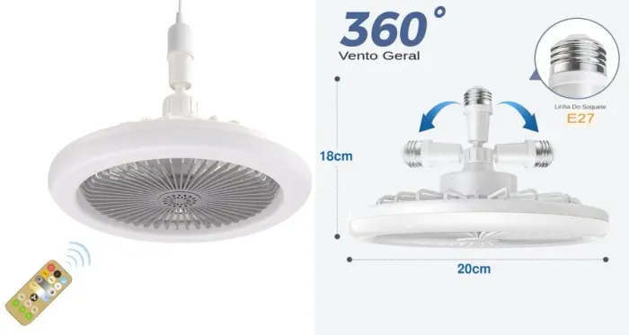 Ventilador de Teto com Bocal movel, Lampada led de 3 Cores e Controle remoto Produto novo
