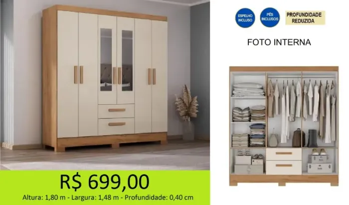 Guarda roupa com espelho compacto - parcelamos sem juros