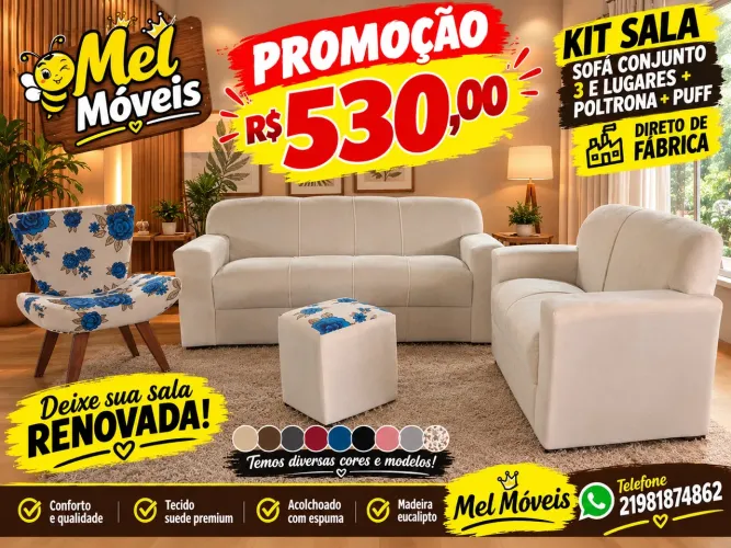 ? 530,00 PROMOÇÃO- kit sala sofá conjunto 3 e lugares + poltrona + puff 