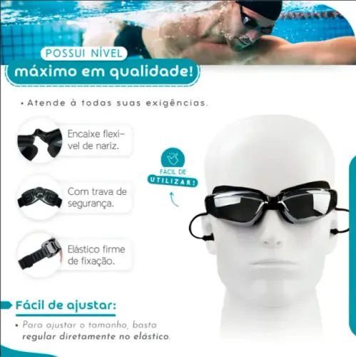 Óculos de Natação Profissional Anti Embaçante p/ Mergulho e Protetor Auricular p/ Natação