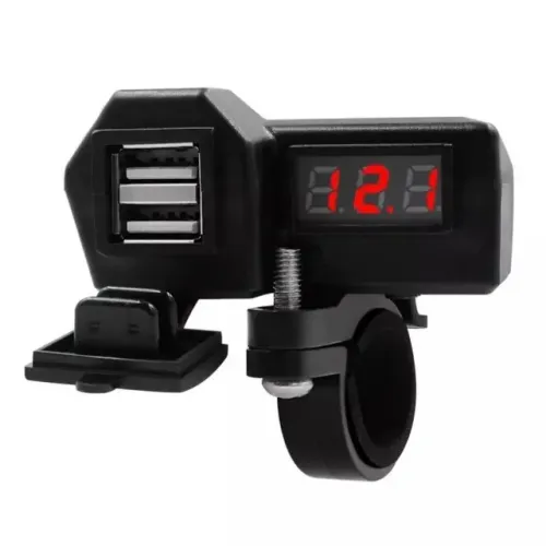 Tomada USB Carregador C/Voltímetro Digital Para Moto Motoboy GPS 2 Entradas