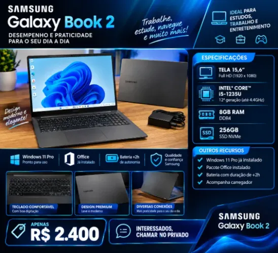 Notebook Samsung Galaxy Book 2, Tela 15,6' Full HD, i5 12°Geração, 8gb Ram, SSD 256gb