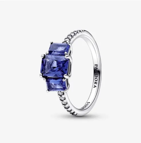Anel Pandora brilhante três pedras azul