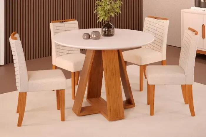 Mesa C/4 Cadeiras - 103cm Tampo Madeirado Vidro Retangular Dividimos Em Até 10x Sem Juros