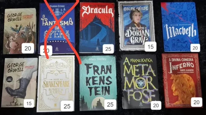 Livros clássicos góticos, drácula, Frankenstein, Divina comédia, Franz Kafka, George Orwel