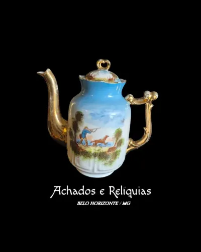 Bule Belle Époque de Porcelana de Limoges, França - Caçada Campestre