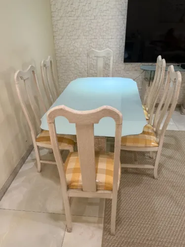 Conjunto Mesa de Jantar, Aparador e Mesa de Canto - Mármore com vidro