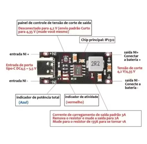 Módulo de Carregamento, IP2312 Tipo C Placa de Carregamento Rápido Com Saída 3A 4.2V